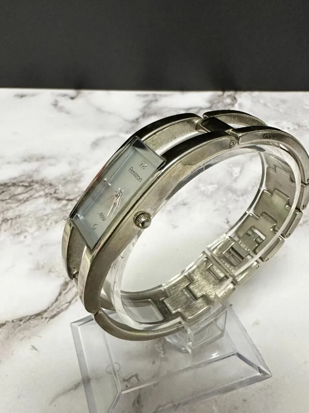 Armitron Watch Women Silver Tone Rectangle Case Bangle Band New Battery 7 Inch